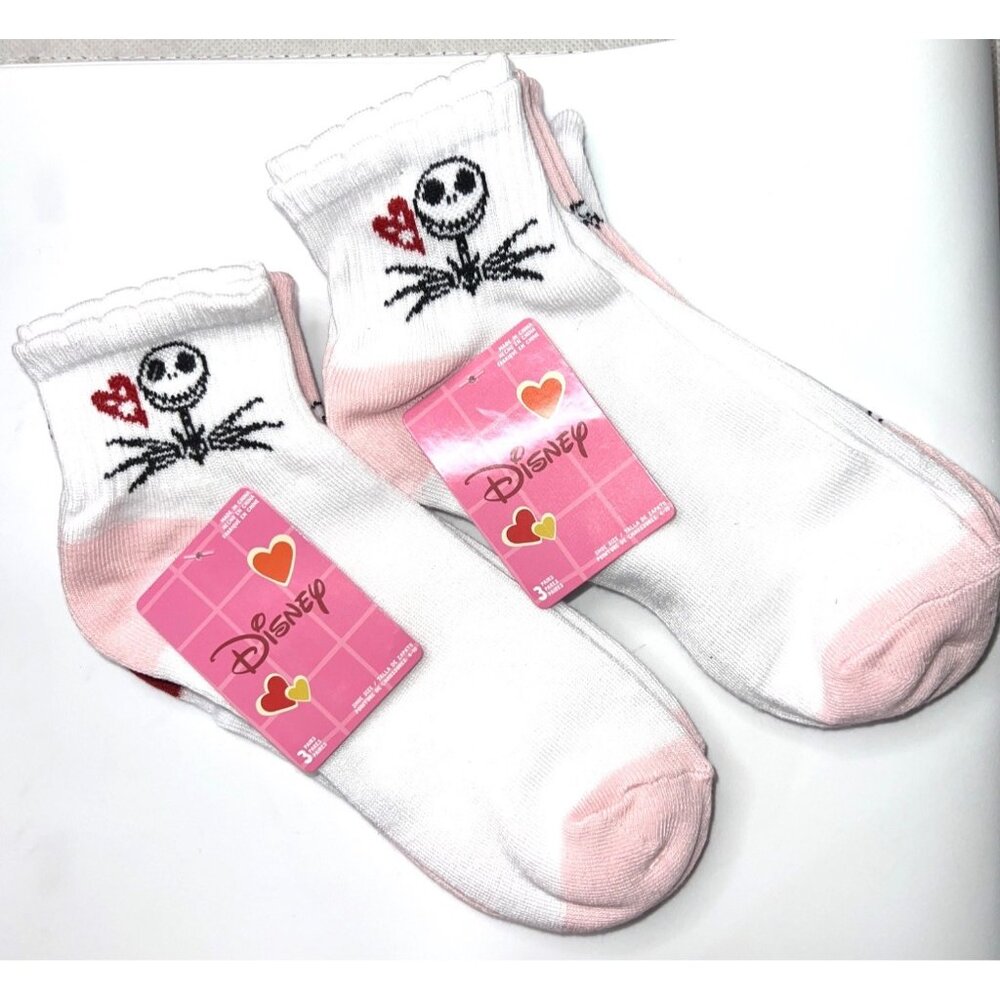 Disney Jack Skellington Ankle Socks Womens Size 4-10 White & Pink & Red 3 Pairs